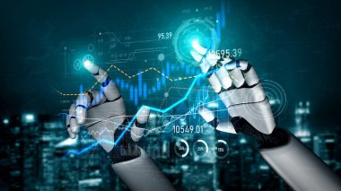 Robot ellerin dinamik veri görselleştirmesi ve finansal grafiklerle ilgilenmesi, modern ortamdaki gelişmiş teknoloji ve yatırım analizlerini sembolize ediyor. Kafa derisi