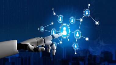 Bir robot el, gelecekteki kentsel ortamlarda teknoloji ve insan bağlantısının temasını gösteren mavi dijital insan ikonları ağıyla etkileşim halindedir. Tessel
