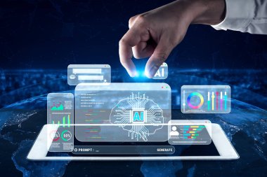 Küresel Arkaplan Dörtlüsü Üzerine Tablet Üzerinde Yapay Zeka Teknolojisinin Dijital Arayüzü ile Elle Etkileşim.