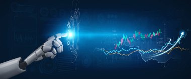 Parlak finansal grafiklerle etkileşime giren bir robot el modern analitik ve veri görselleştirmesindeki teknoloji ve finans kaynağını temsil ediyor. Kafa derisi