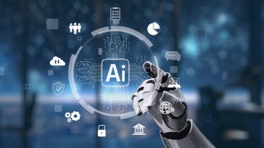 Bir robot el, çağdaş bir çalışma alanında teknoloji ve insan etkileşimini sembolize eden gelişmiş bir yapay zeka arayüzü ile etkileşim halindedir. Auvana