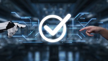 Bu resim, robotik bir kol ile insan eli arasındaki gelecekteki etkileşimi tasvir ediyor. Yüksek teknolojili bir ortamda doğruluğu simgeleyen parıldayan bir işaret var. Auvana