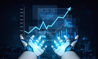 Fütürist robot, dinamik veri analizlerini büyüme grafikleri ve grafikleriyle sunarak, yüksek teknolojili bir şehir ortamındaki yenilik ve ilerlemeyi sembolize ediyor. Kafa derisi