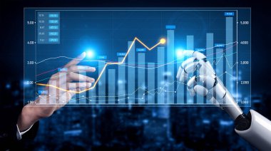 Bir insan eli ve bir robot kolun dijital bir ortamda teknoloji ve finans sinerjisini sembolize eden, dinamik veri görselleştirmeleri ile meşgul olduğu büyüleyici bir sahne. Kafa derisi