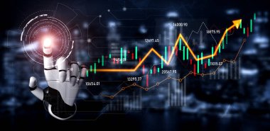 Robotik bir el dijital bir borsa grafiğine uzanarak, geceleri çağdaş bir şehir siluetinin arka planına karşı yükselen bir eğilim sergiliyor. Kafa derisi