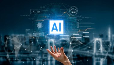 Yapay zeka teknolojisi dijital devre bağlantılarıyla sunulur, yapay zeka sistemlerini sembolize eder, işleme gücünü ve modern dijital platformlara entegrasyonu simgeler.