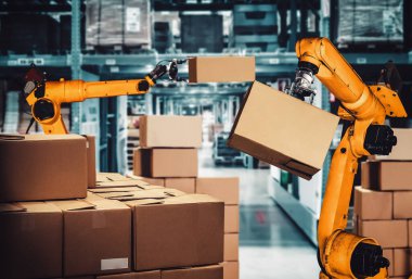 Yenilikçi depo ve fabrika dijital teknolojisi için akıllı robot kol sistemi. İnternet ağına bağlı IOT yazılımı kullanarak endüstri mühendisliği tarafından kontrol edilen otomasyon üretim robotu .