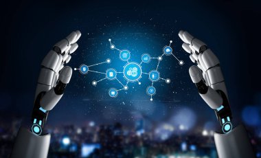 Robot ellerin dijital ikonlar ve ağlarla etkileşime girerek, canlı bir şehir atmosferinde teknoloji ve yaratıcılığın karışımını gösteren büyüleyici bir görüntüsü. Tessel