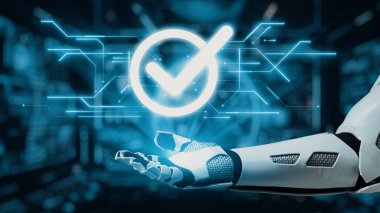 Robotik bir el, teknolojik gelişmeyi ve gelecekteki dijital manzaradaki yeniliği gösteren parlak bir işaret sembolü sunar. Başarı ve otomasyon temaları için mükemmel. Auvana