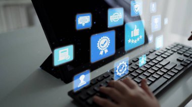 Quality approval and certification icons showing verified badge, standard check, award, trophy, inspection, rating, quality management, guarantee, trust, and compliance. Funnel