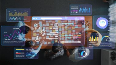 Etkili beyin fırtınası ve yenilikçi çözümler için dijital grafikler, grafikler ve veri analiz araçları ile proje üzerinde işbirliği yapan çeşitli takım Gluon.