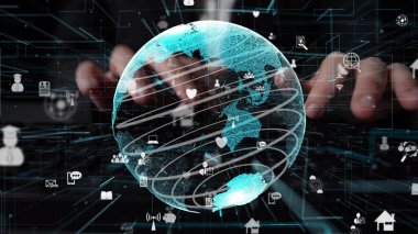 Bu resim, sanal iletişim dinamiklerini vurgulayarak, teknoloji ve veri akışı arasındaki etkileşimi gösteren küresel bir dijital bağlantı kavramını gösteriyor. Xenic