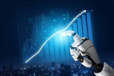 Fütüristik bir robot el, canlı bir kentsel ortamdaki finansal büyüme ve teknolojik gelişmeyi gösteren dijital veri tablosuyla etkileşir. Etki