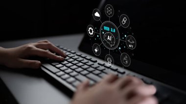 The Web 3.0 technology ecosystem, the next generation of the internet. A concept of a decentralized web with AI, blockchain, NFT, and cryptocurrency. Motif