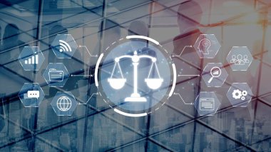 Adalet ölçeğini gösteren fütürist dijital hukuk arayüzü, dijital hukukun altını çizen, AI uyumu, dijital hukuk sistemleri ve güvenli yönetim için dijital hukuk düzenlemeleri. Muxer