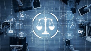 Adalet ölçeğini gösteren fütürist dijital hukuk arayüzü, dijital hukukun altını çizen, AI uyumu, dijital hukuk sistemleri ve güvenli yönetim için dijital hukuk düzenlemeleri. Muxer