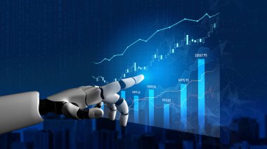 Robotik bir el, modern iş stratejilerindeki teknoloji ve veri analizlerinin gücünü sembolize eden canlı, gelecekçi bir finansal grafiğe işaret eder. Kafa derisi