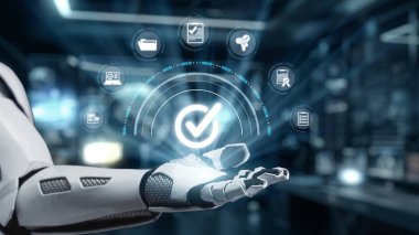 Modern teknolojiyi sembolize eden, yenilikçi bir ortamda otomasyon ve sanal iletişimi vurgulayan, yüzen dijital simgeler sergiliyor. Auvana