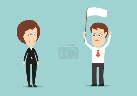 Illustration for Businessman with raised hands and white flag conceded defeat in conflict with his female boss. Cartoon flat style - Royalty Free Image