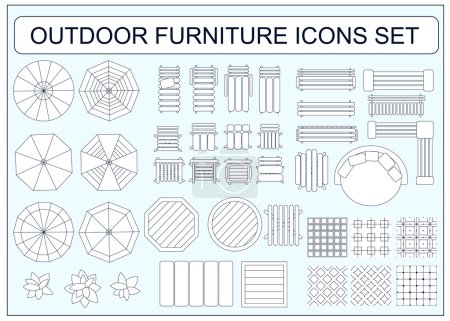 Illustration for Set of simple outdoor furniture vector icons as design elements - beach chair, bench, table, umbrella, round sofa, seamless floor tiles samples, sofa, chair, plants, armchair - Royalty Free Image