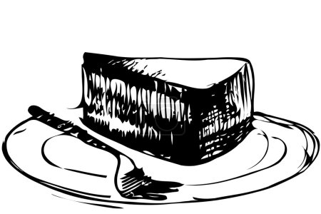 Téléchargez les illustrations : Croquis vectoriel noir et blanc morceau de gâteau dessert sur une assiette - en licence libre de droit