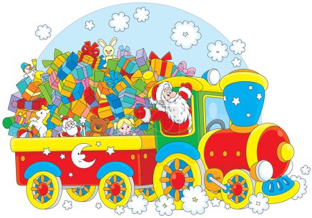 Ilustración de Santa Claus entrega sus regalos de Navidad en un tren - Imagen libre de derechos