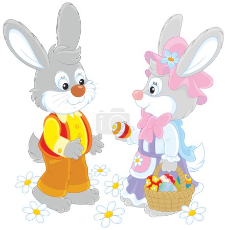 Illustration for Little rabbits with a basket of Easter eggs - Royalty Free Image