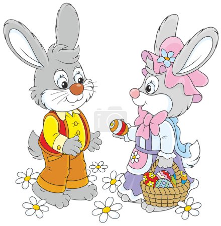 Illustration for Little rabbits with a basket of Easter eggs - Royalty Free Image