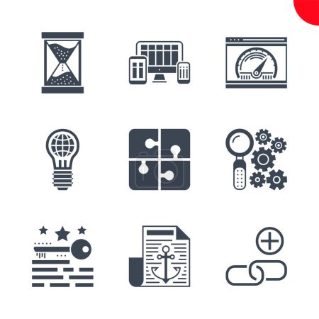 Ilustración de SEO Relacionado Set de iconos de glifos vectoriales. Texto de anclaje, sincronización de la campaña, clasificación de palabras clave, búsqueda activa, solución global, diseño web sensible, construcción de enlaces, velocidad de página. - Imagen libre de derechos