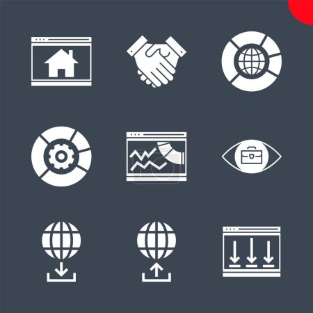 Ilustración de SEO Relacionado Set de iconos de glifos vectoriales. Socios, gestión de datos, datos SEO, análisis competitivo, página de inicio, landing page, demostración, gestor de descargas, gestor de cargas. - Imagen libre de derechos