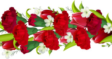 Illustration for Seamless horizontal border with red carnations and tulips - Royalty Free Image