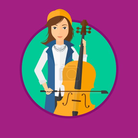 Illustration for Young woman playing cello. Cellist playing classical music on cello. Young woman with cello and bow. Vector flat design illustration in the circle isolated on background. - Royalty Free Image