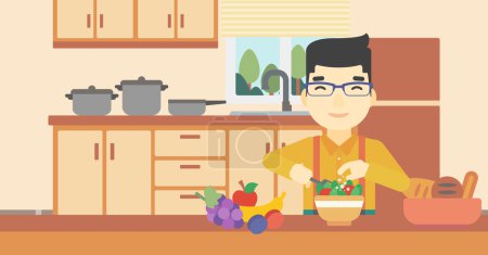 Téléchargez les illustrations : Un jeune homme asiatique cuisine une salade de légumes sur le fond de la cuisine. Homme souriant ajoutant des épices dans la salade. Illustration vectorielle de design plat. Mise en page horizontale
. - en licence libre de droit