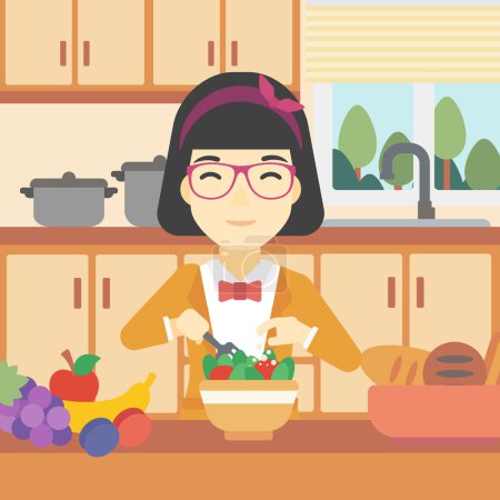 Illustration for An asian young woman cooking vegetable salad on the background of kitchen. Smiling woman adding spices in salad. Vector flat design illustration. Square layout. - Royalty Free Image