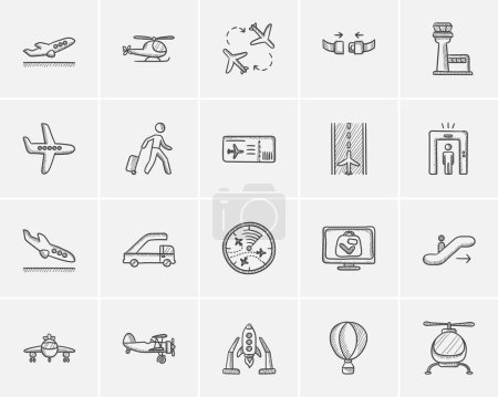 Téléchargez les illustrations : Ensemble d'icônes de croquis de transport aérien pour le web, le mobile et l'infographie. Ensemble d'icônes de transport aérien dessinées à la main. Ensemble d'icônes vectorielles de transport aérien. Icône de transport aérien isolée sur fond blanc
. - en licence libre de droit