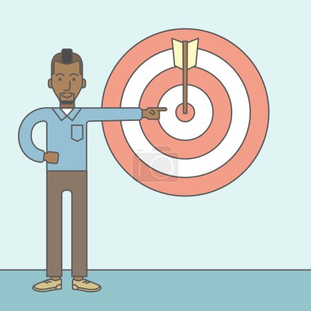 Illustration for An african businessman standing and pointing at a target board with arrow. Vector line design illustration. Square layout - Royalty Free Image