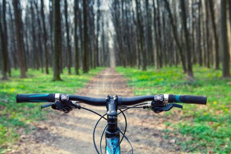 Foto de Ciclismo de montaña colina abajo descendiendo rápido en bicicleta. Vista desde los ojos de los ciclistas. - Imagen libre de derechos