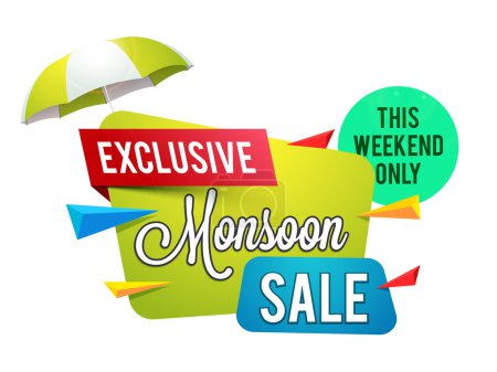 Illustration for Exclusive Monsoon Sale for this weekend only, Creative Glossy Paper Tag or Banner design, Vector illustration. - Royalty Free Image