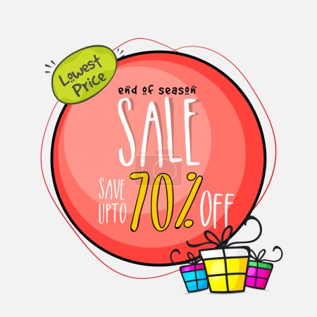 Ilustración de Venta de fin de temporada con 70% de descuento, oferta de descuento de precio más bajo, cartel creativo, diseño de pancarta o folleto con regalos de colores
. - Imagen libre de derechos