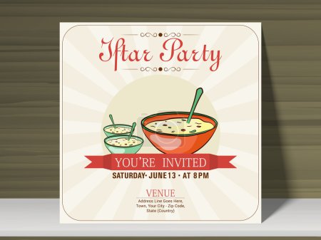 Illustration for Ramadan Kareem Iftar party celebration beautiful invitation card with mosque, date, time and place details. - Royalty Free Image