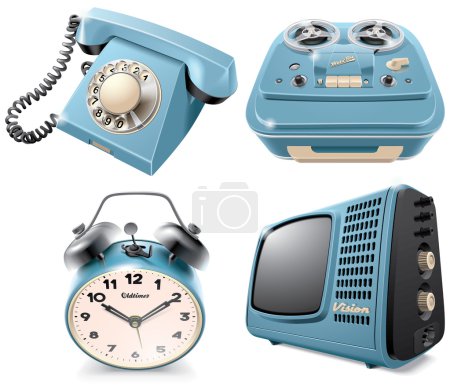 Illustration for High quality vector icons of vintage objects: rotary dial telephone, reel-to-reel audio tape recorder, alarm clock and television receiver, isolated on white background. File contains gradients, blends and transparency. No strokes. - Royalty Free Image