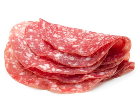 Photo for Salami sausage slices isolated on white background cutout - Royalty Free Image