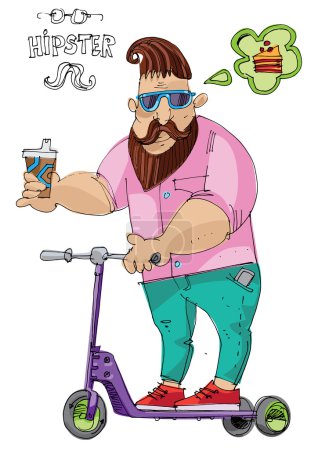 Téléchargez les illustrations : Hipster homme avec café marche sur un scooter et de penser à gâteau - en licence libre de droit