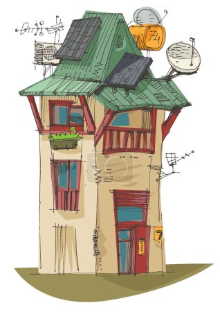 Illustration for Old house with solar panels with water collector on the roof - Royalty Free Image