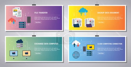 Ilustración de Plantilla de banners web en vector con iconos de transferencia de archivos, documento de datos de copia de seguridad, computadora de intercambio de datos y computación en nube.Iconos de diseño plano en la ilustración vectorial. - Imagen libre de derechos