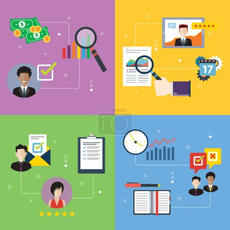 Ilustración de Evaluación, finanzas, retroalimentación, informes, calificación e iconos de negocios. Conceptos de evaluación financiera, retroalimentación de informes, análisis y calificación, retroalimentación empresarial. Iconos de diseño plano en la ilustración vectorial. - Imagen libre de derechos