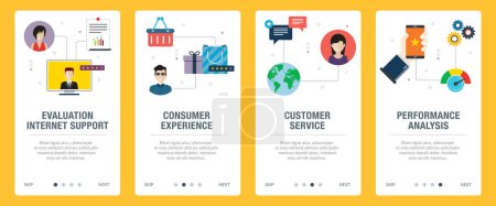 Ilustración de Iconos de evaluación, soporte, consumidor, experiencia, cliente, servicio, rendimiento y análisis. Conceptos de apoyo a internet de evaluación, experiencia del consumidor, servicio al cliente y análisis de rendimiento. Plantilla de banners web con iconos de diseño plano en vect - Imagen libre de derechos