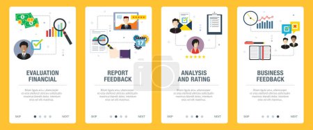 Ilustración de Evaluación, finanzas, retroalimentación, informes, calificación e iconos de negocios. Conceptos de evaluación financiera, retroalimentación de informes, análisis y calificación, retroalimentación empresarial. Plantilla de banners web con iconos de diseño plano en ilustración vectorial. - Imagen libre de derechos