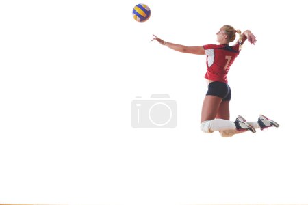 Photo for Volleyball woman jump and kick ball isolated on white background - Royalty Free Image