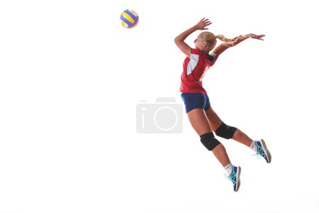 Foto de Voleibol mujer salto y patada bola aislado sobre fondo blanco - Imagen libre de derechos